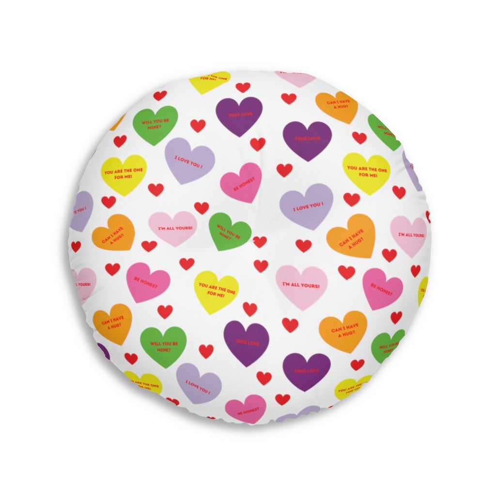 Sweet Tart Hearts Tufted Round Floor Pillow