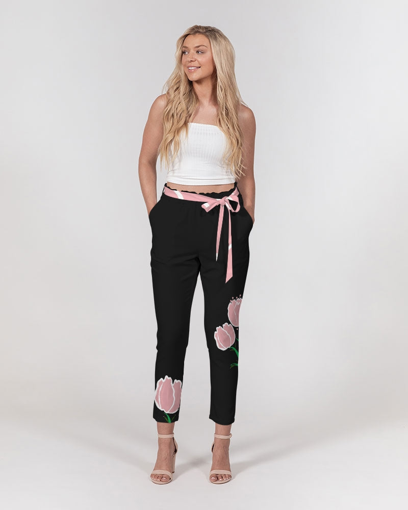 Peach Tulip Ladies Belted Tapered Black Pants