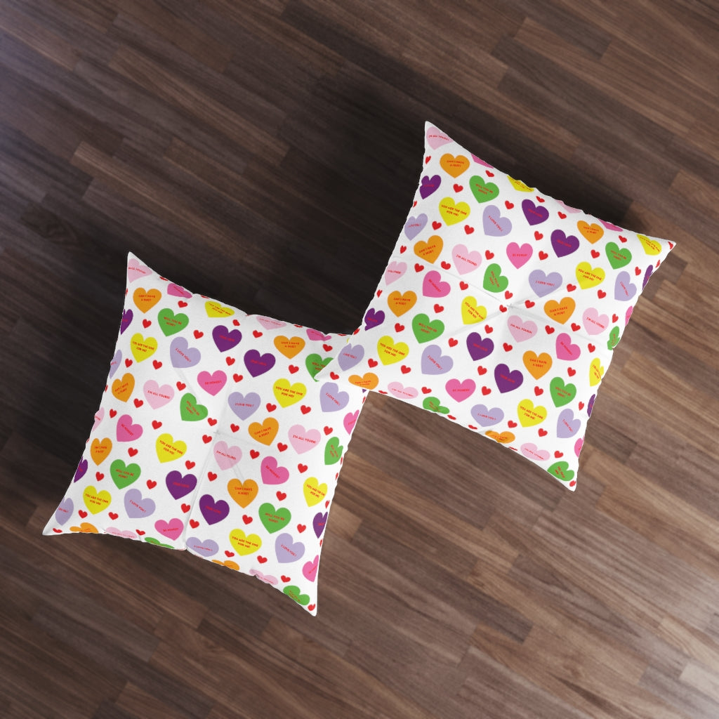 Sweet Tart Hearts Tufted Square Floor Pillow