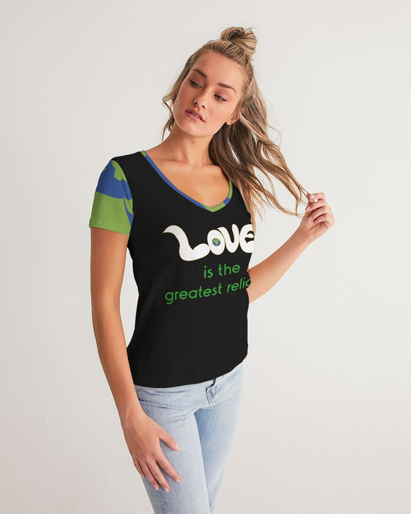Love Is The Greatest Religion Ladies V-Neck Tee (QR CODE ON BACK FOR BRAND SUPPORTERS)