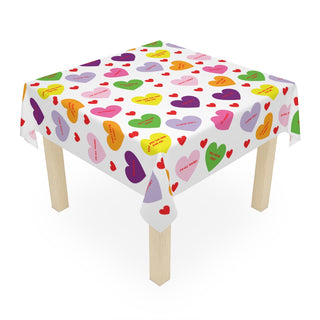 Valentine's Sweet Tart Hearts Table Cloth (red words)