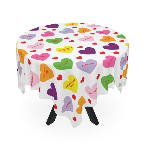Valentine's Sweet Tart Hearts Table Cloth (red words)