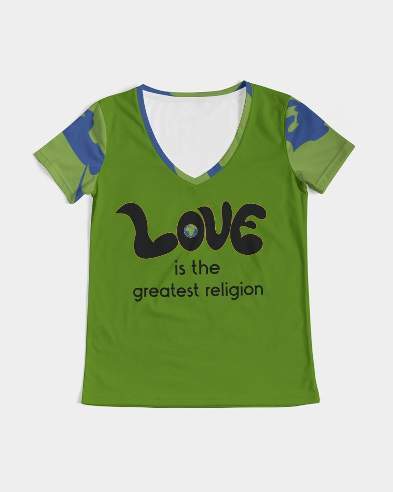 Love Is The Greatest Religion V-Neck Tee (QR CODE ON BACK for Brand Supporters)