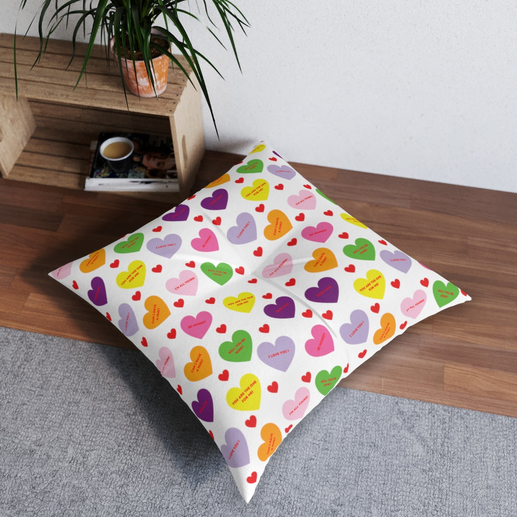 Sweet Tart Hearts Tufted Square Floor Pillow