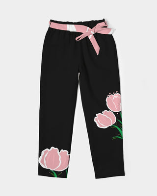 Peach Tulip Ladies Belted Tapered Black Pants