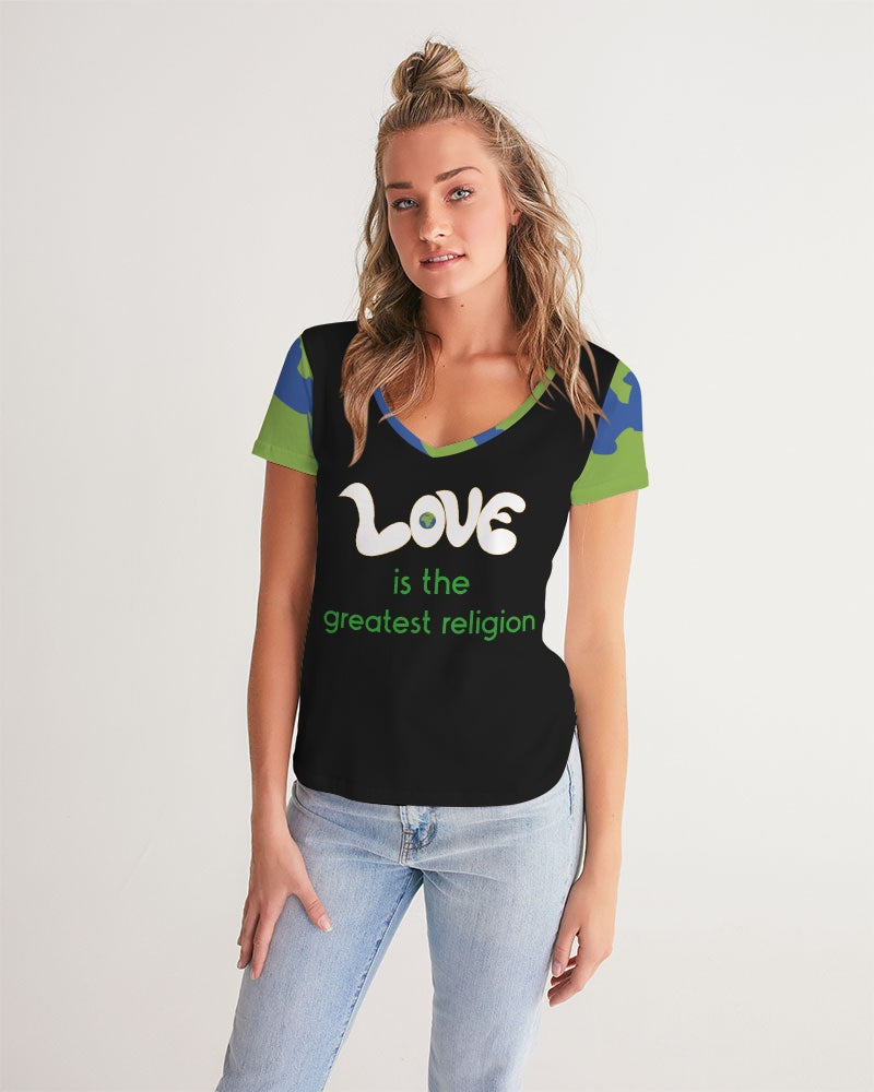 Love Is The Greatest Religion Ladies V-Neck Tee (QR CODE ON BACK FOR BRAND SUPPORTERS)