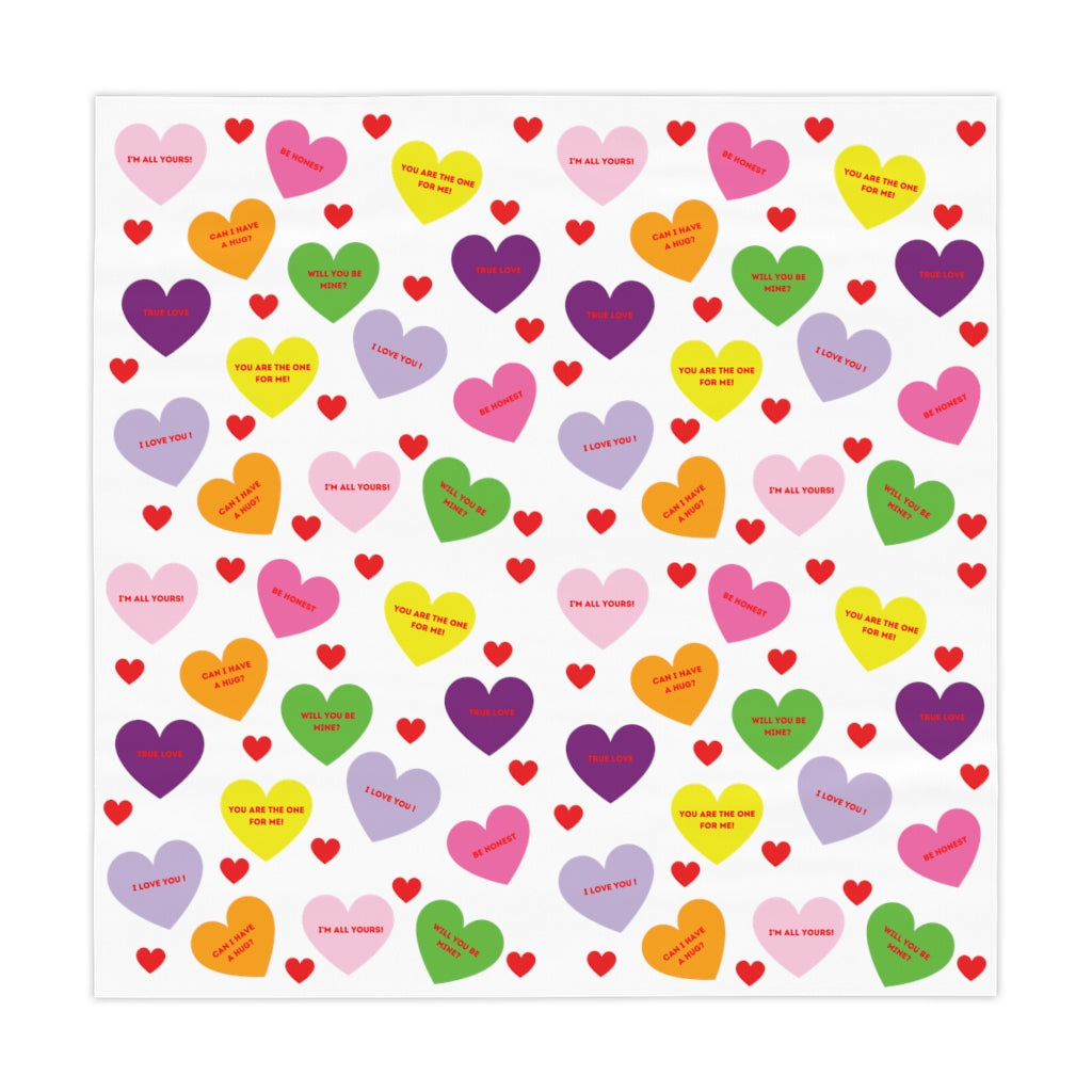 Valentine's Sweet Tart Hearts Table Cloth (red words)