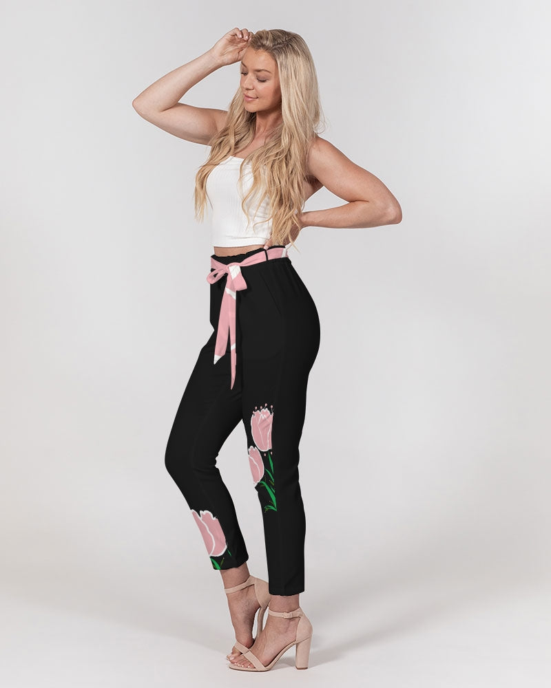 Peach Tulip Ladies Belted Tapered Black Pants