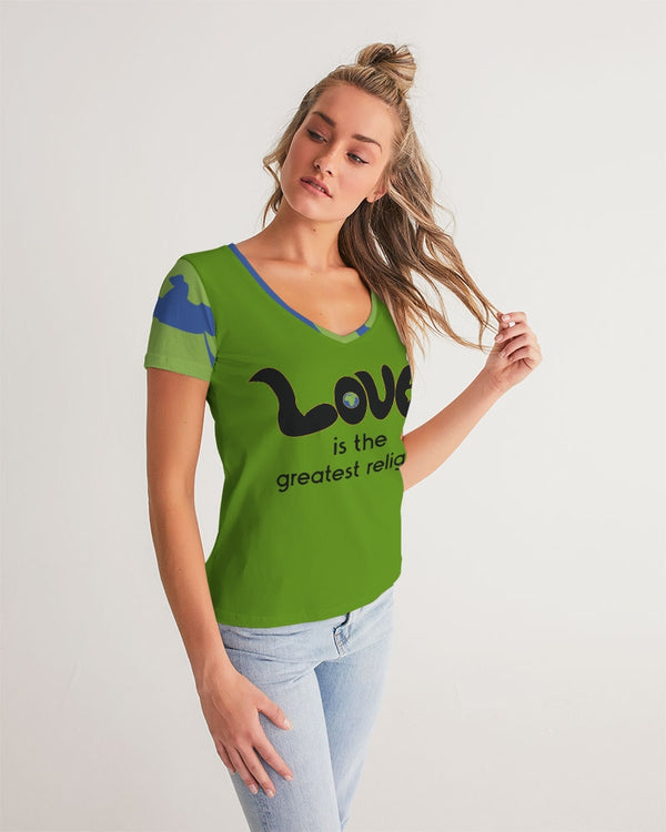 Love Is The Greatest Religion V-Neck Tee (QR CODE ON BACK for Brand Supporters)
