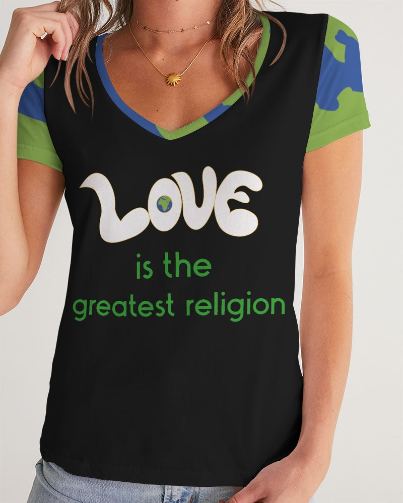 Love Is The Greatest Religion Ladies V-Neck Tee (QR CODE ON BACK FOR BRAND SUPPORTERS)