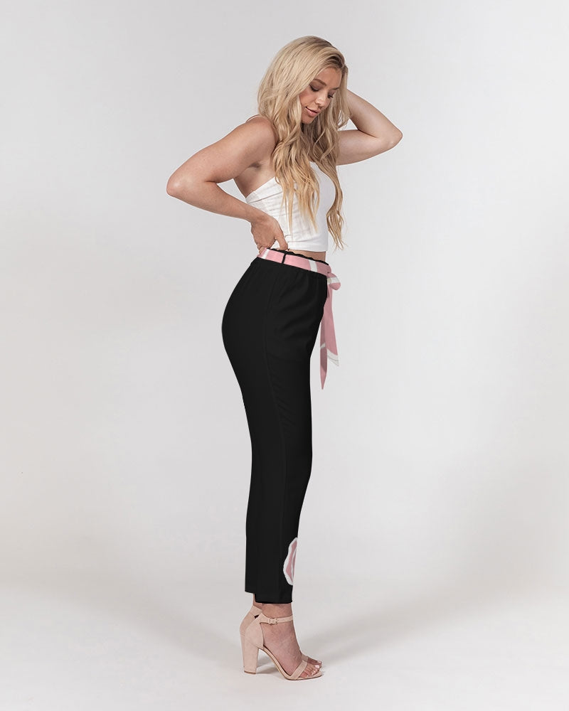 Peach Tulip Ladies Belted Tapered Black Pants