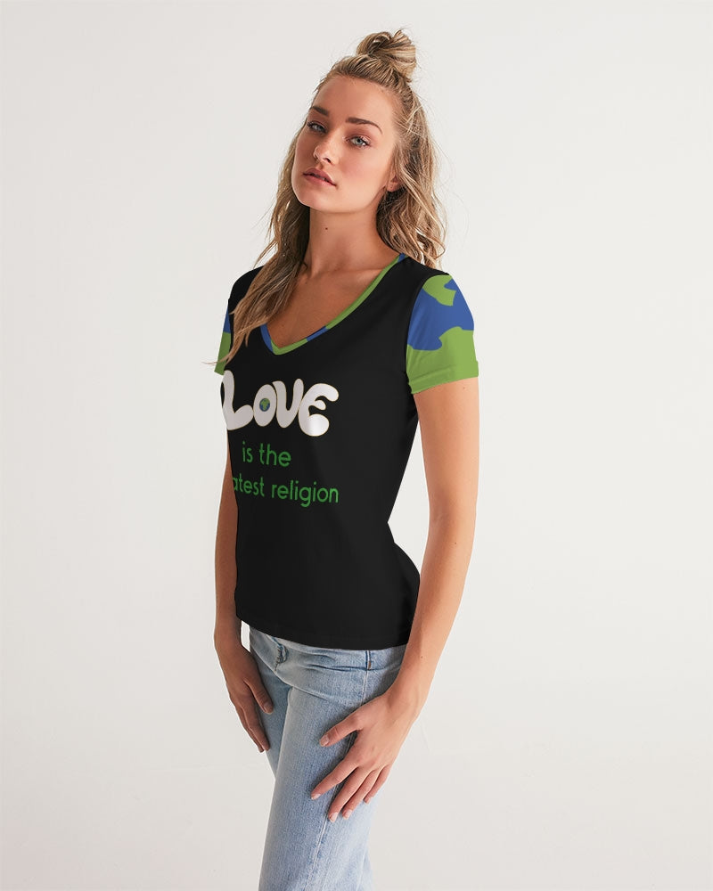 Love Is The Greatest Religion Ladies V-Neck Tee (QR CODE ON BACK FOR BRAND SUPPORTERS)