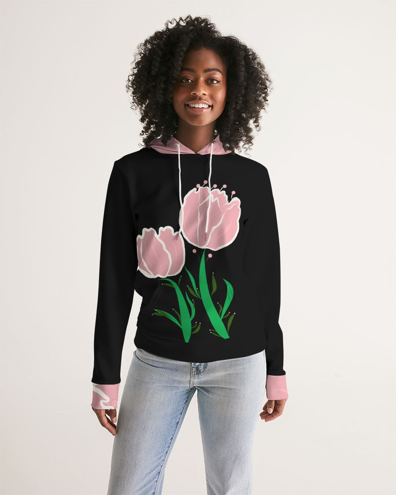 Peach Tulip Ladies Black Hoodie