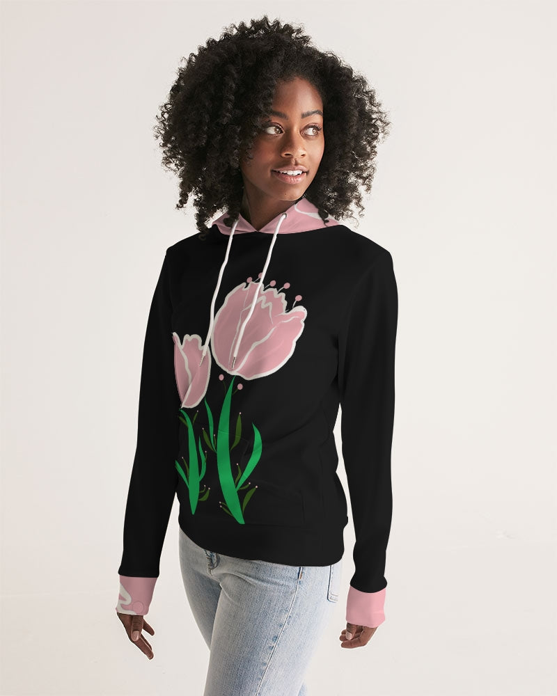 Peach Tulip Ladies Black Hoodie