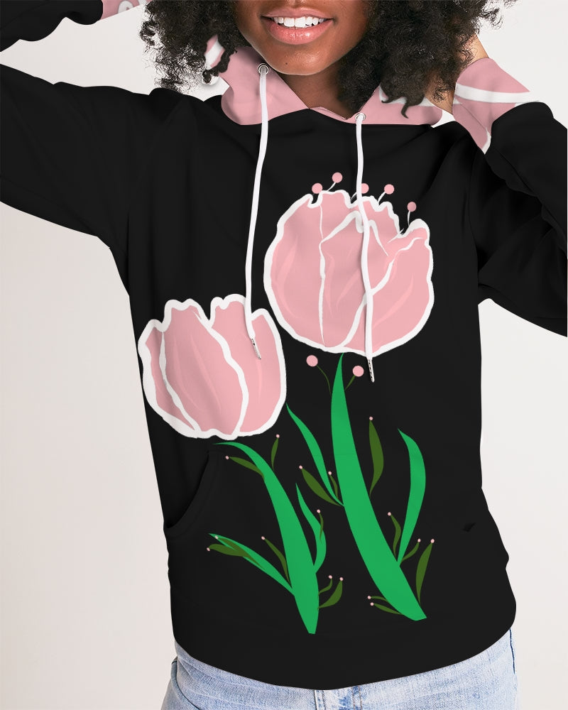 Peach Tulip Ladies Black Hoodie