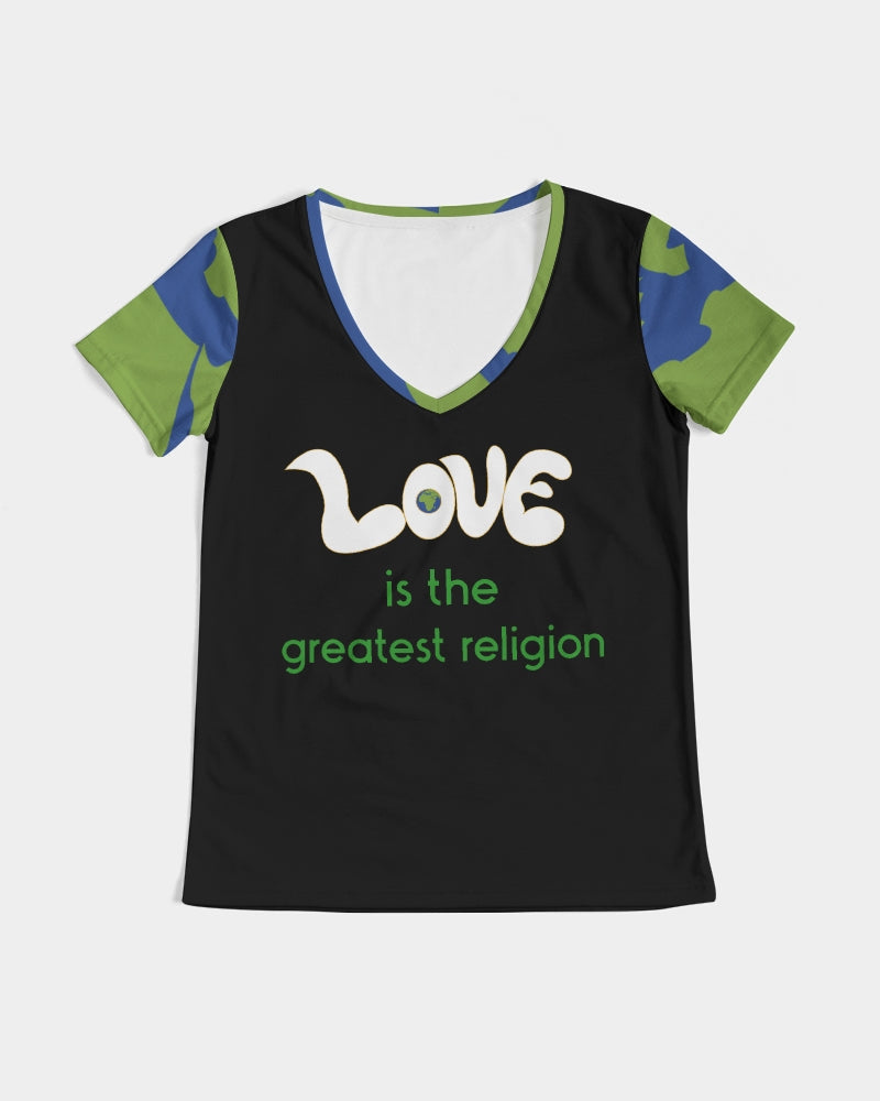 Love Is The Greatest Religion Ladies V-Neck Tee (QR CODE ON BACK FOR BRAND SUPPORTERS)